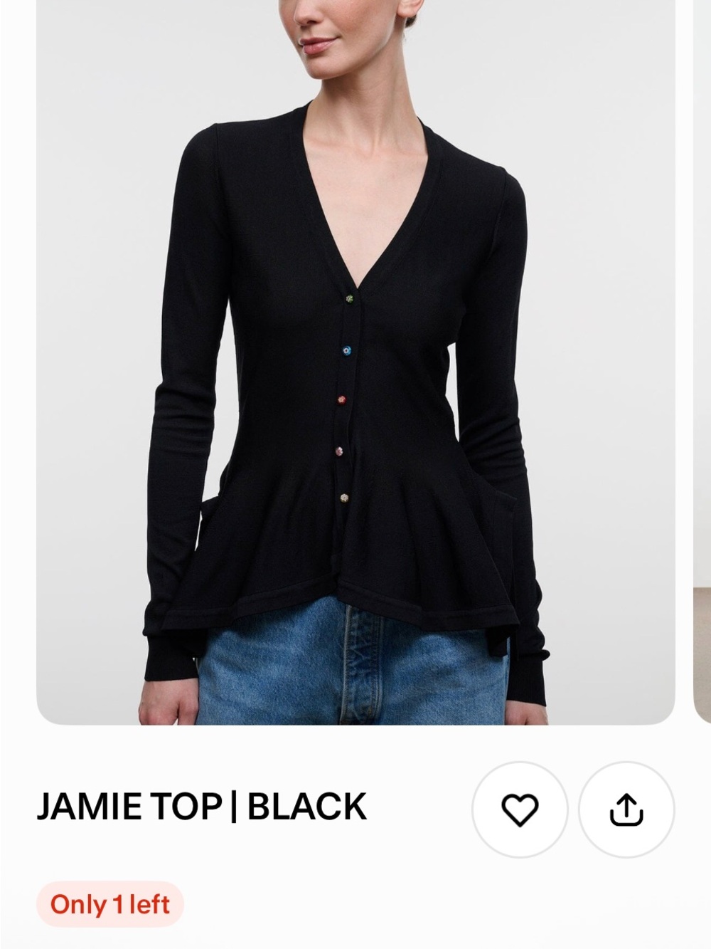 STAUD Jamie Black V-Neck Button-Front Peplum Top with Multicolor Buttons